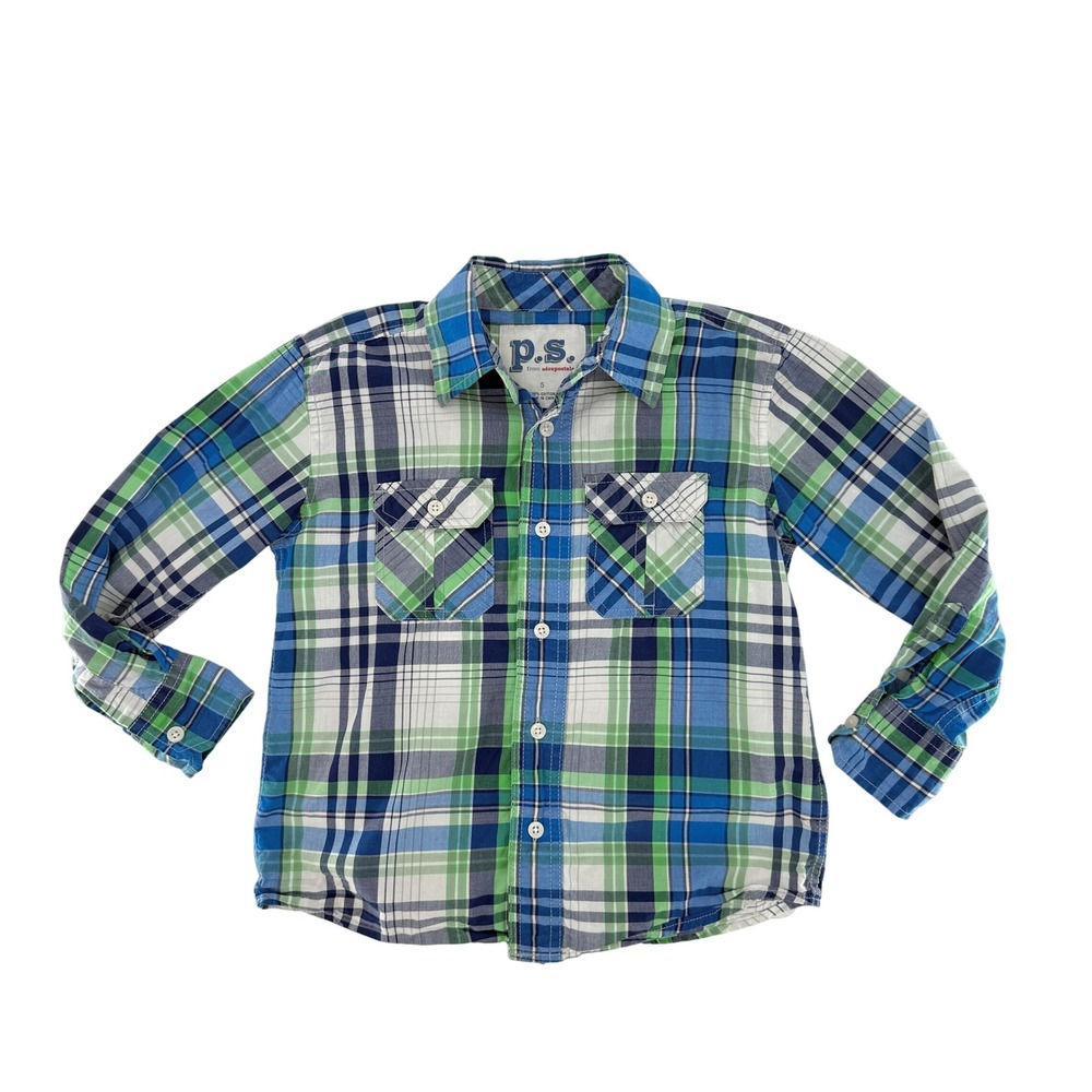 P.S. from Aeropostale Plaid Button Up Shirt Kids Size 5 Blue Green Long Slv Flaw